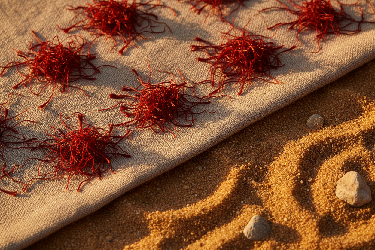 Safran sur tissu lin avec sable du Sahara